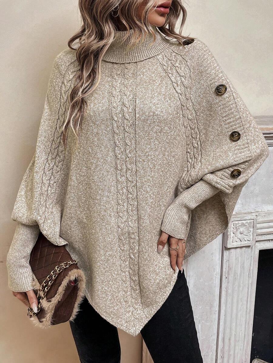 Ann | Stylish Cable Knit Poncho Turtleneck Sweater
