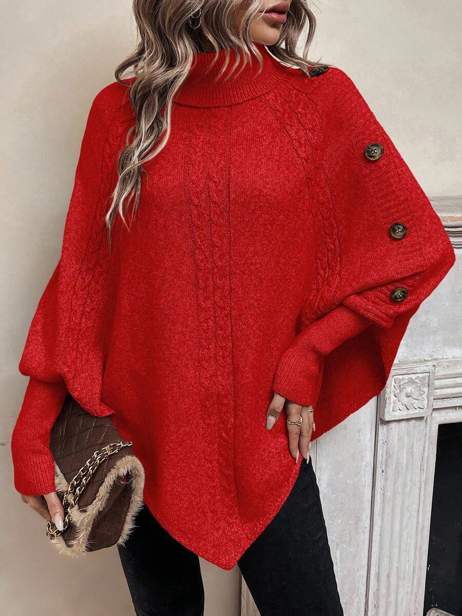 Ann | Stylish Cable Knit Poncho Turtleneck Sweater