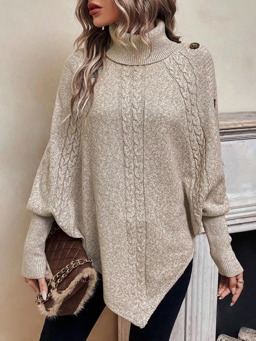 Ann | Stylish Cable Knit Poncho Turtleneck Sweater