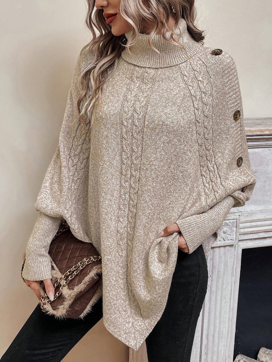 Ann | Stylish Cable Knit Poncho Turtleneck Sweater