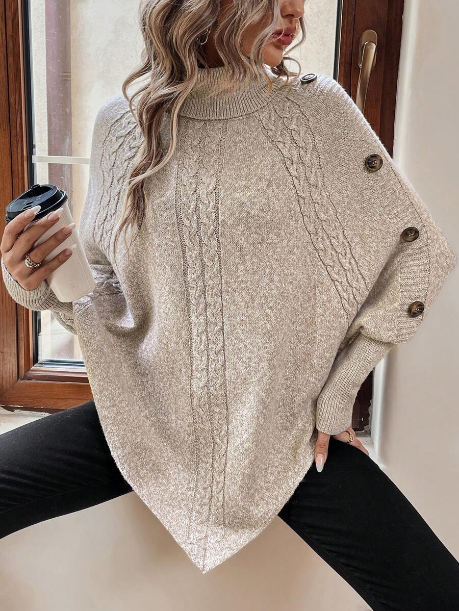 Ann | Stylish Cable Knit Poncho Turtleneck Sweater