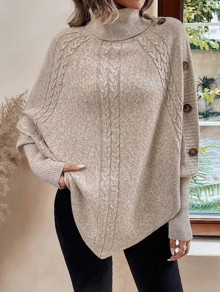 Ann | Stylish Cable Knit Poncho Turtleneck Sweater
