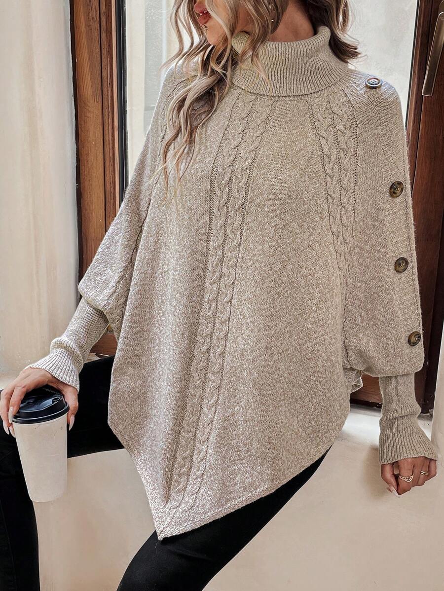 Ann | Stylish Cable Knit Poncho Turtleneck Sweater