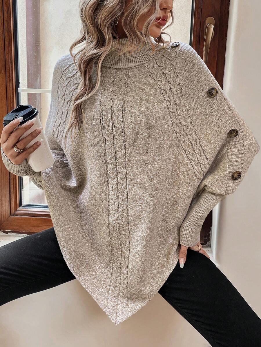 Ann | Stylish Cable Knit Poncho Turtleneck Sweater
