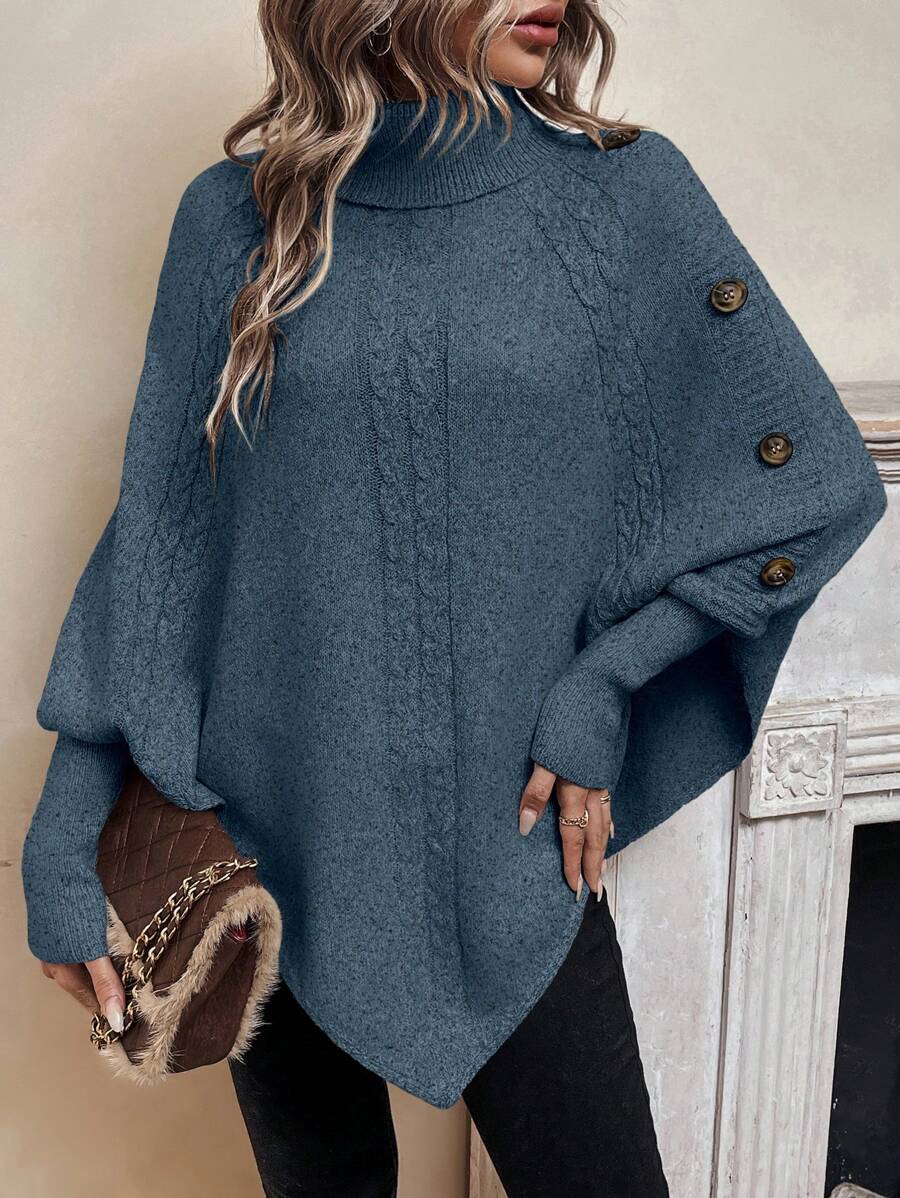 Ann | Stylish Cable Knit Poncho Turtleneck Sweater