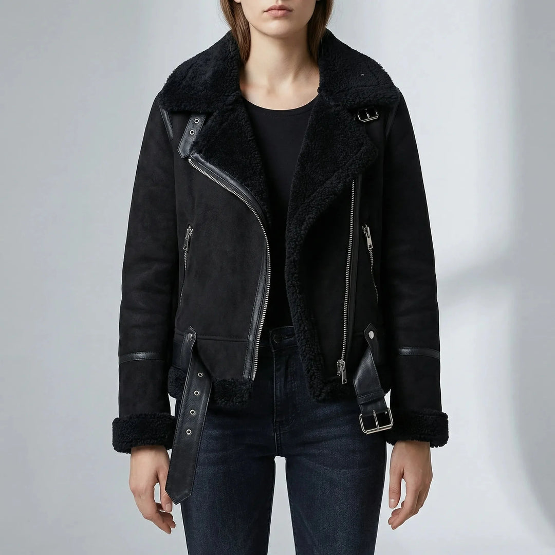 Anna | Belted Aviator Biker Leather Jacket