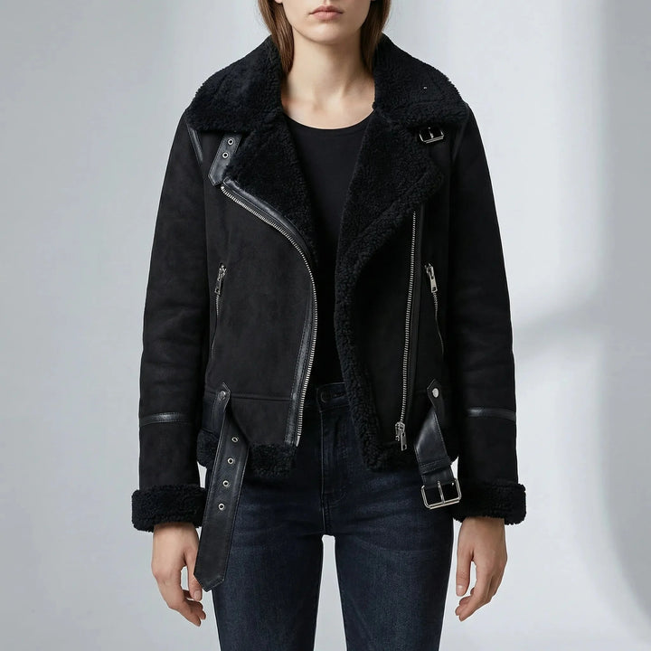 Anna | Belted Aviator Biker Leather Jacket