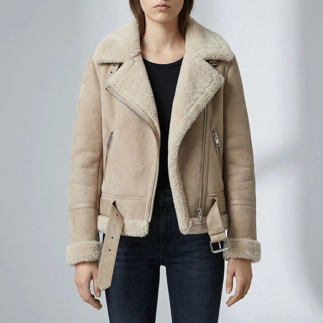 Anna | Belted Aviator Biker Leather Jacket