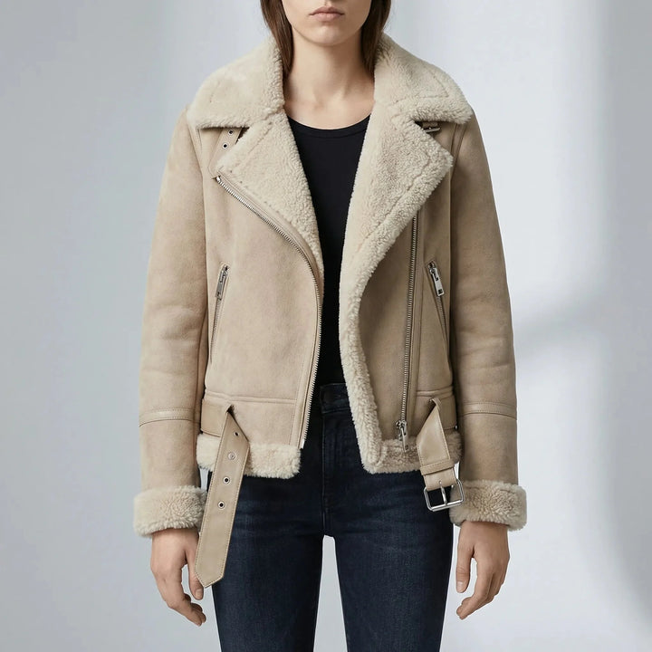 Anna | Belted Aviator Biker Leather Jacket