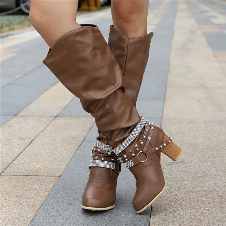 Ashley | Elegant Slouchy Knee High Boots with Studded Ankle Straps