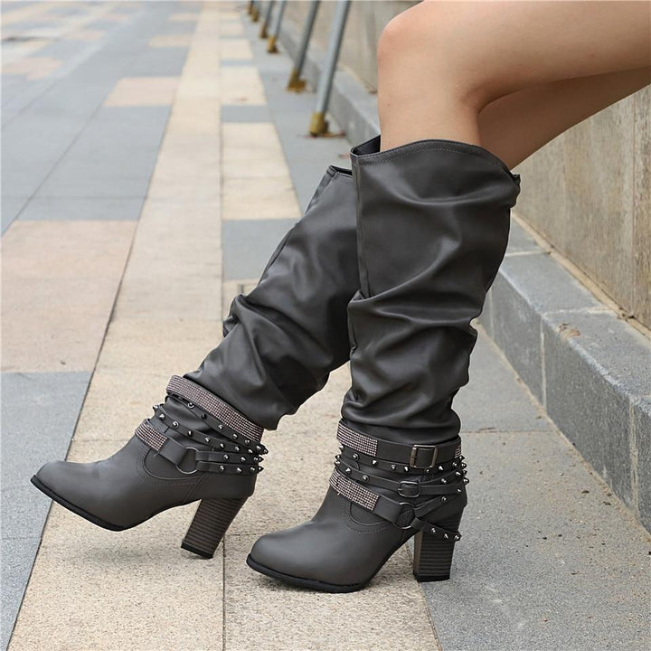 Ashley | Elegant Slouchy Knee High Boots with Studded Ankle Straps