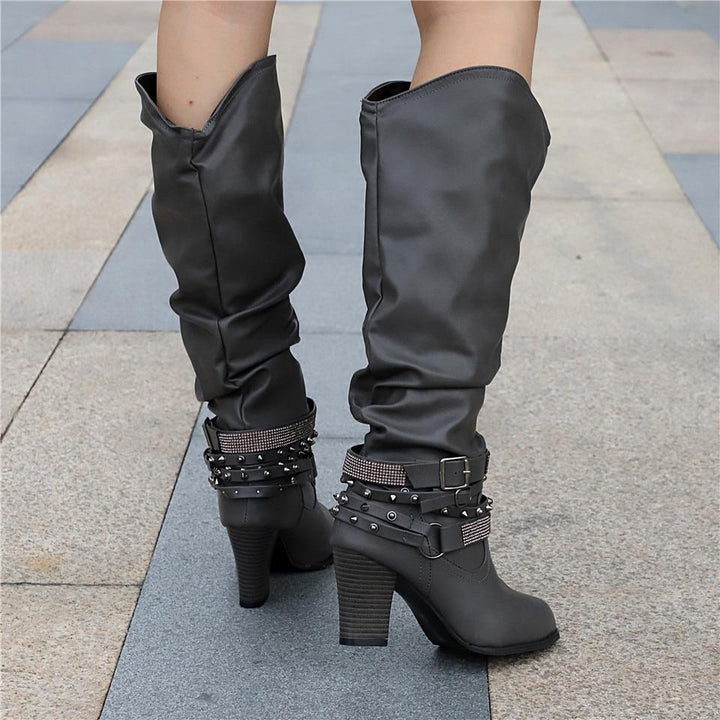 Ashley | Elegant Slouchy Knee High Boots with Studded Ankle Straps