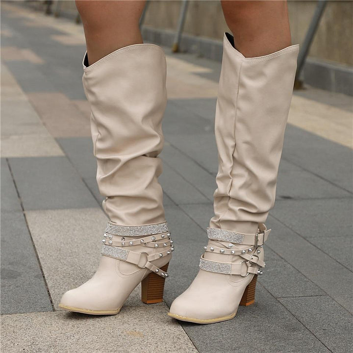 Ashley | Elegant Slouchy Knee High Boots with Studded Ankle Straps