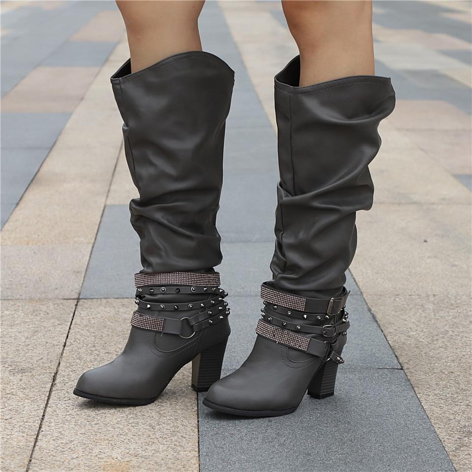 Ashley | Elegant Slouchy Knee High Boots with Studded Ankle Straps