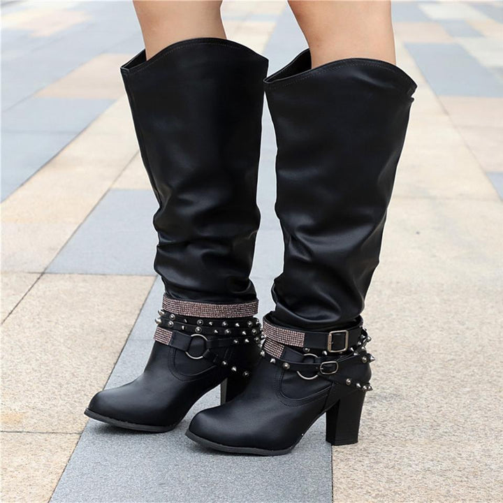 Ashley | Elegant Slouchy Knee High Boots with Studded Ankle Straps