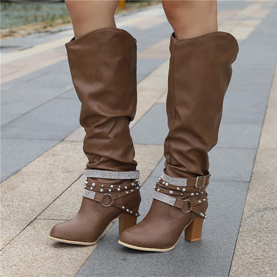 Ashley | Elegant Slouchy Knee High Boots with Studded Ankle Straps