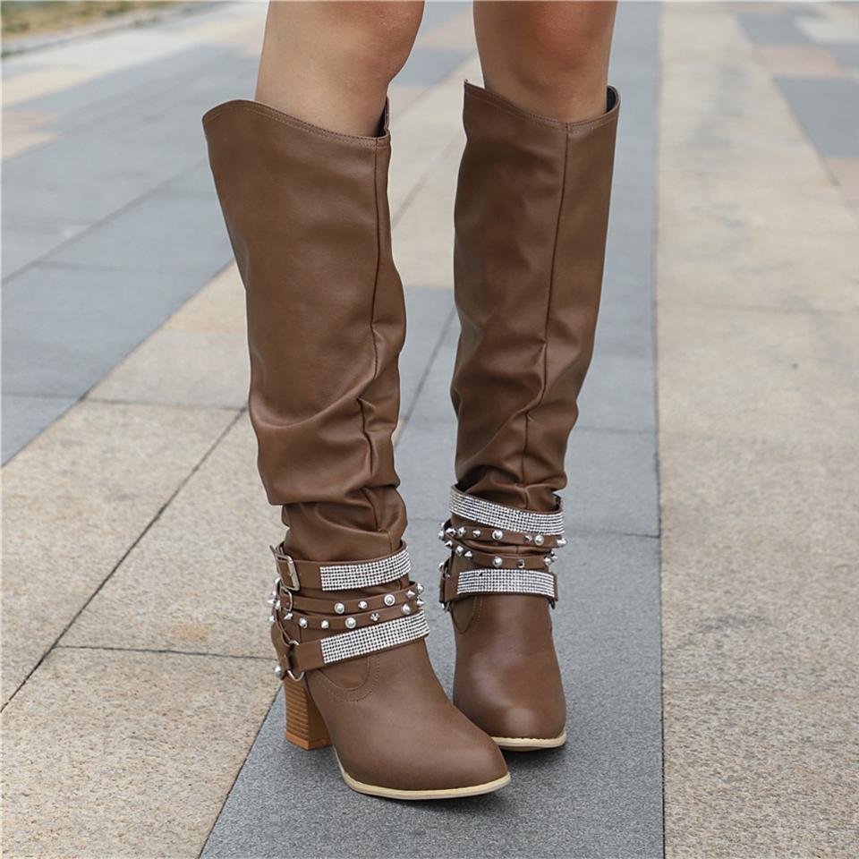 Ashley | Elegant Slouchy Knee High Boots with Studded Ankle Straps