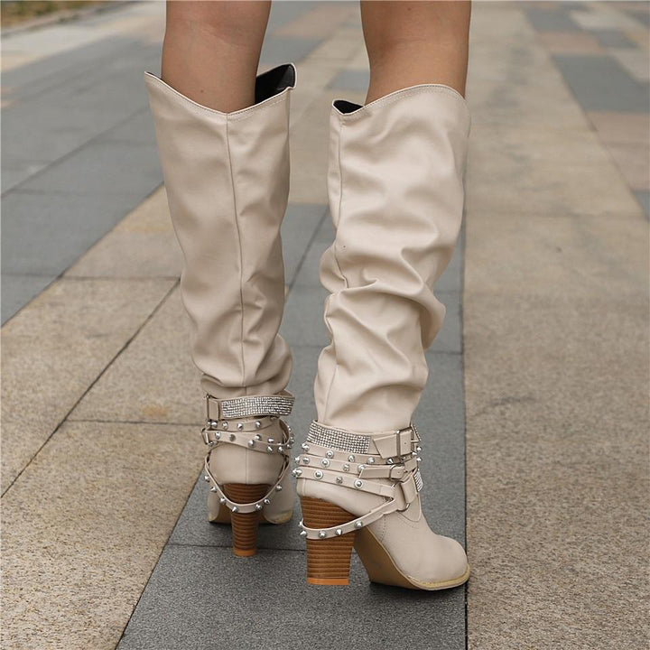 Ashley | Elegant Slouchy Knee High Boots with Studded Ankle Straps