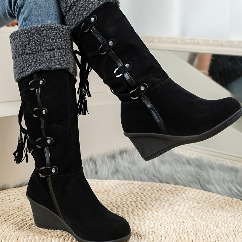 Ava | Graceful Tasseled Knee High Boots with Wedge Heel