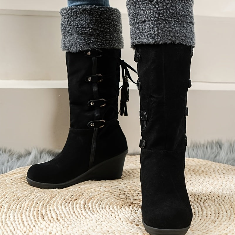 Ava | Graceful Tasseled Knee High Boots with Wedge Heel