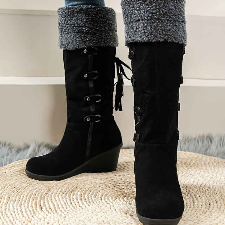Ava | Graceful Tasseled Knee High Boots with Wedge Heel