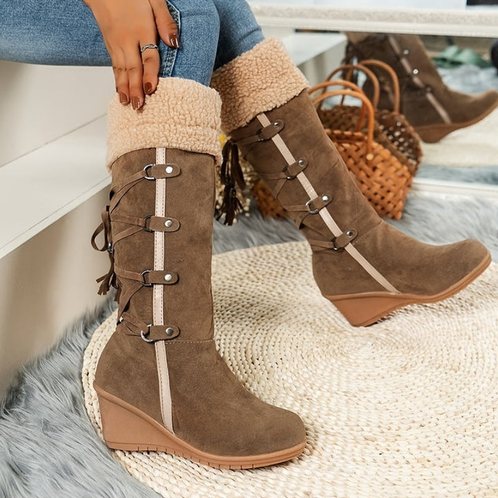 Ava | Graceful Tasseled Knee High Boots with Wedge Heel