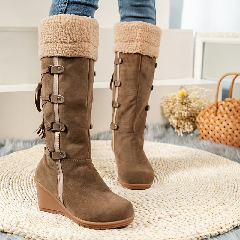 Ava | Graceful Tasseled Knee High Boots with Wedge Heel