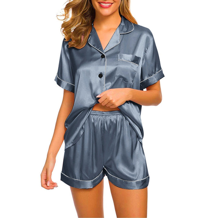 Ava | Polished Satin Pajama Set with Notch Collar Shorts