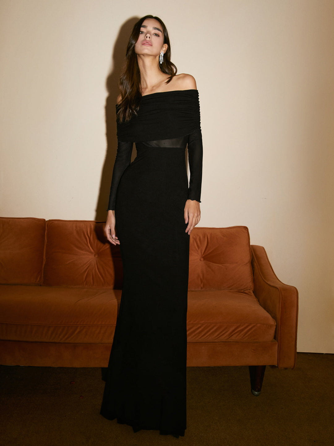 Ava | Refined Off-Shoulder Holiday Dress with Sheer Waist