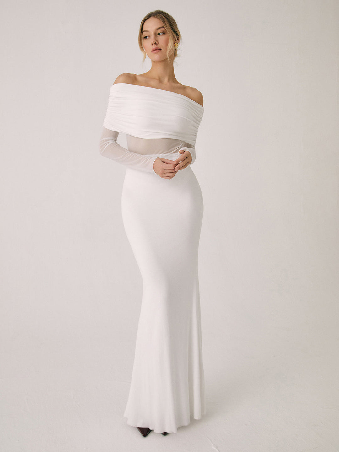 Ava | Refined Off-Shoulder Holiday Dress with Sheer Waist