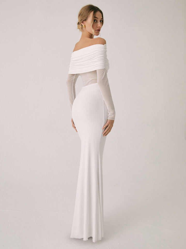 Ava | Refined Off-Shoulder Holiday Dress with Sheer Waist