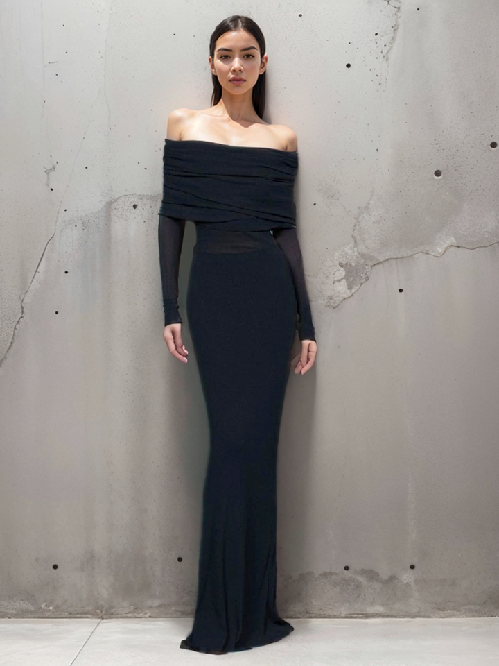 Ava | Refined Off-Shoulder Holiday Dress with Sheer Waist