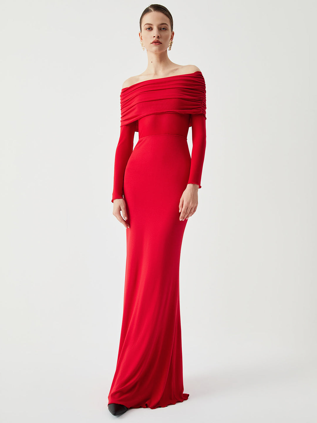 Ava | Refined Off-Shoulder Holiday Dress with Sheer Waist