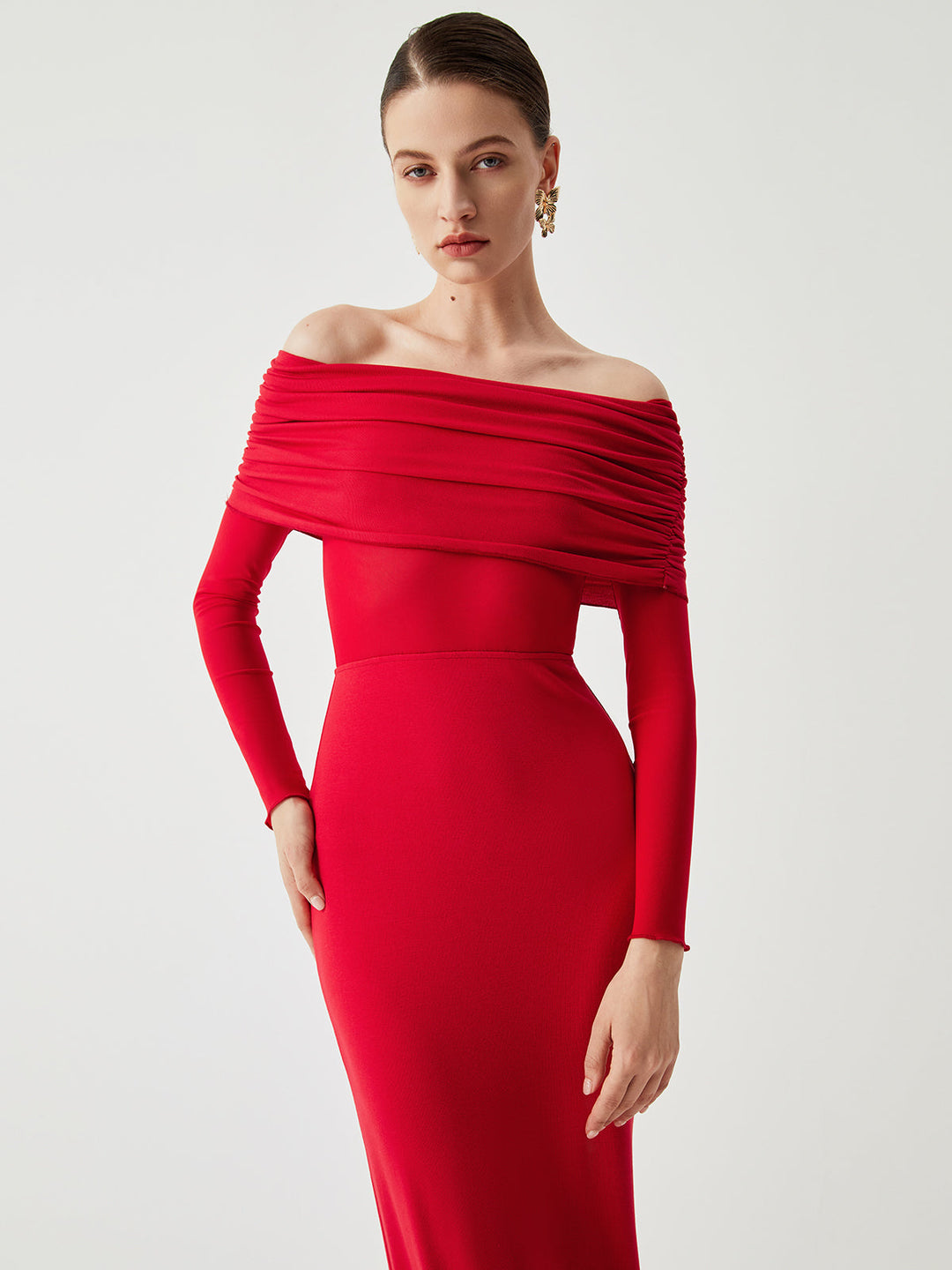 Ava | Refined Off-Shoulder Holiday Dress with Sheer Waist