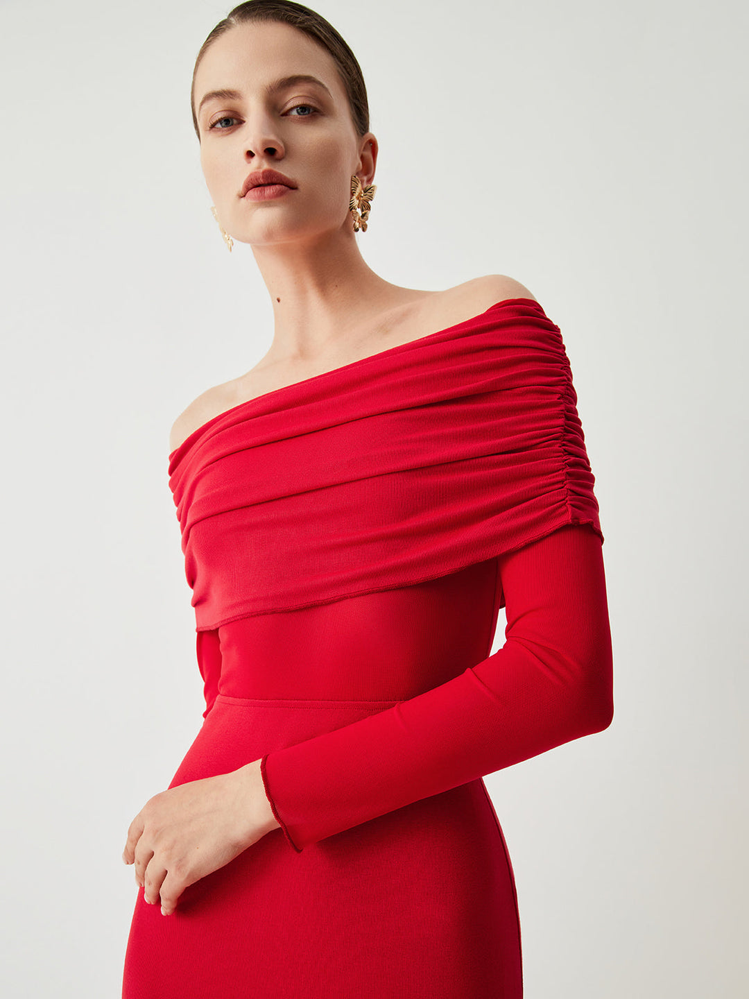 Ava | Refined Off-Shoulder Holiday Dress with Sheer Waist