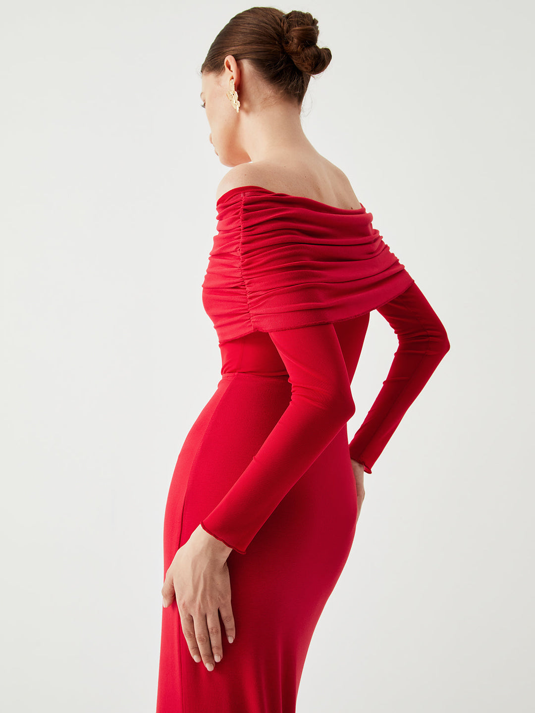Ava | Refined Off-Shoulder Holiday Dress with Sheer Waist