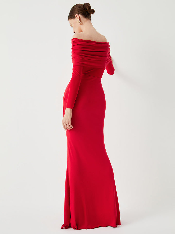 Ava | Refined Off-Shoulder Holiday Dress with Sheer Waist