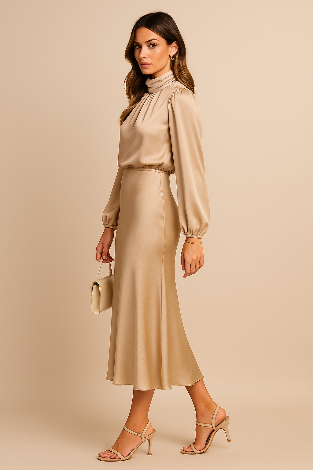 Barbara | Polished Satin High Neck Midi Christmas Dress