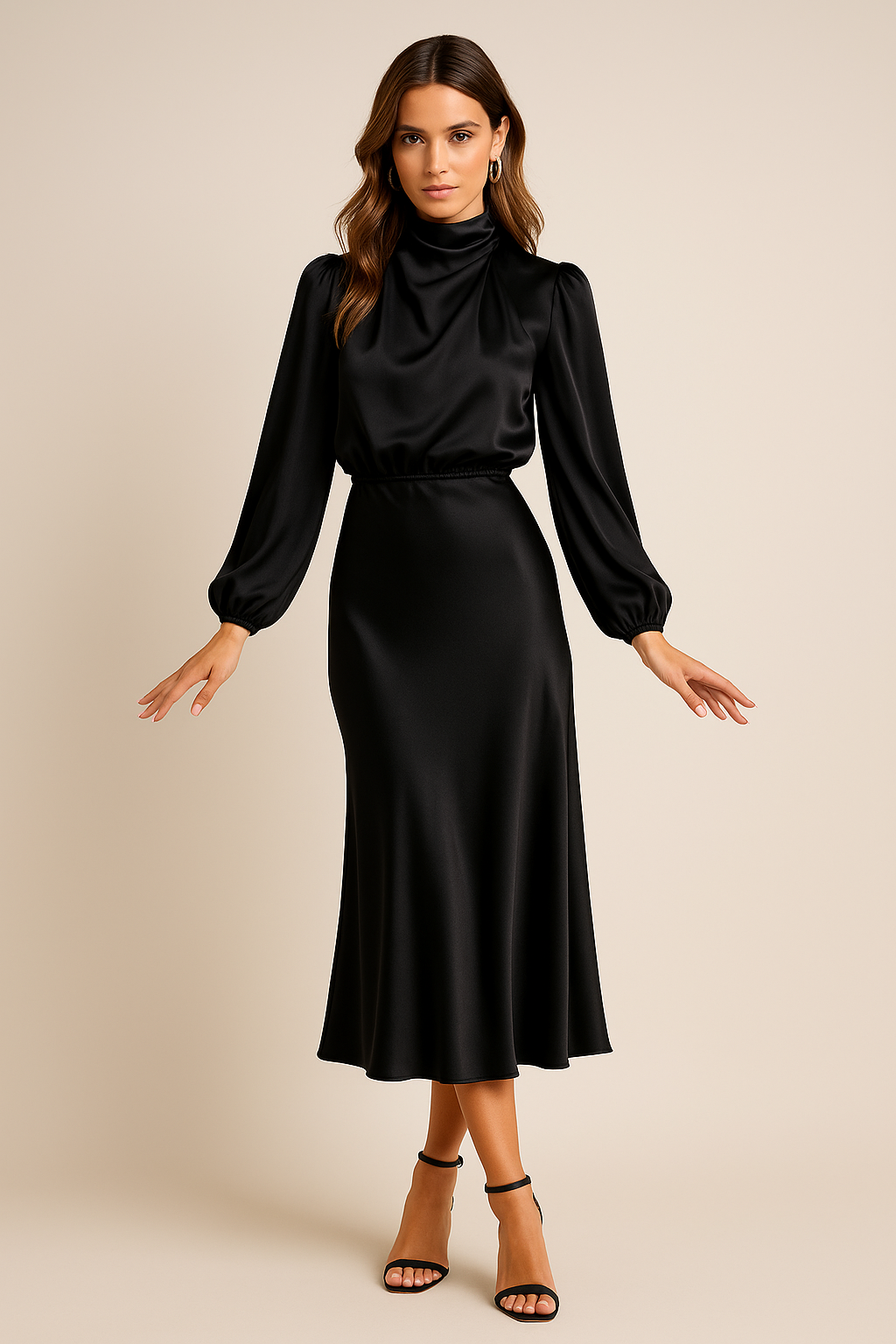 Barbara | Polished Satin High Neck Midi Christmas Dress