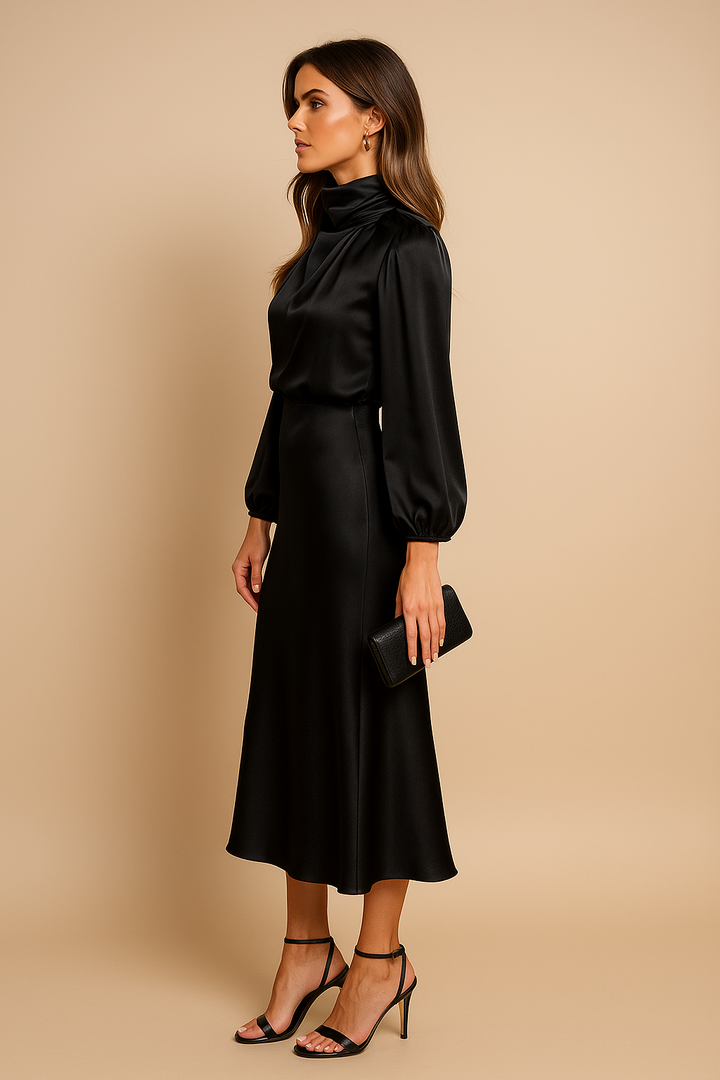 Barbara | Polished Satin High Neck Midi Christmas Dress