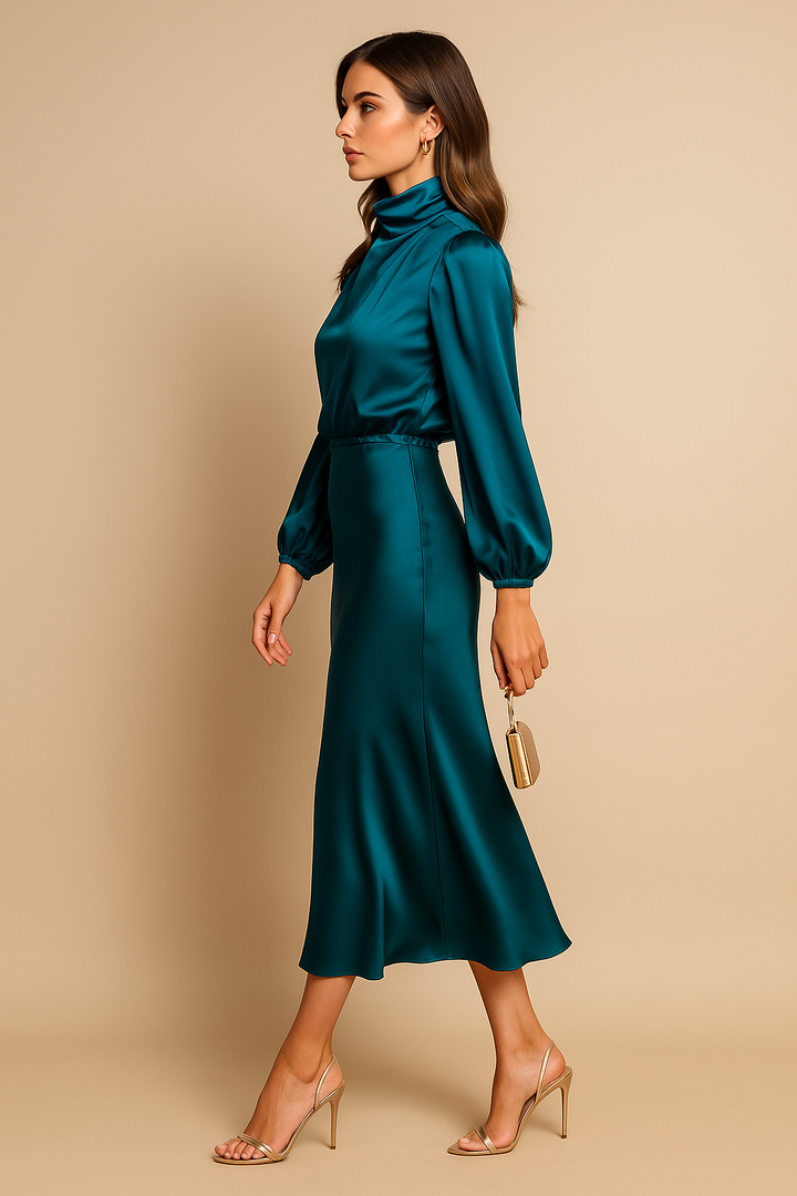 Barbara | Polished Satin High Neck Midi Christmas Dress