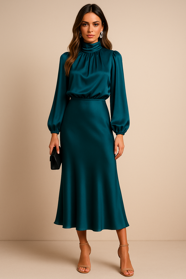 Barbara | Polished Satin High Neck Midi Christmas Dress