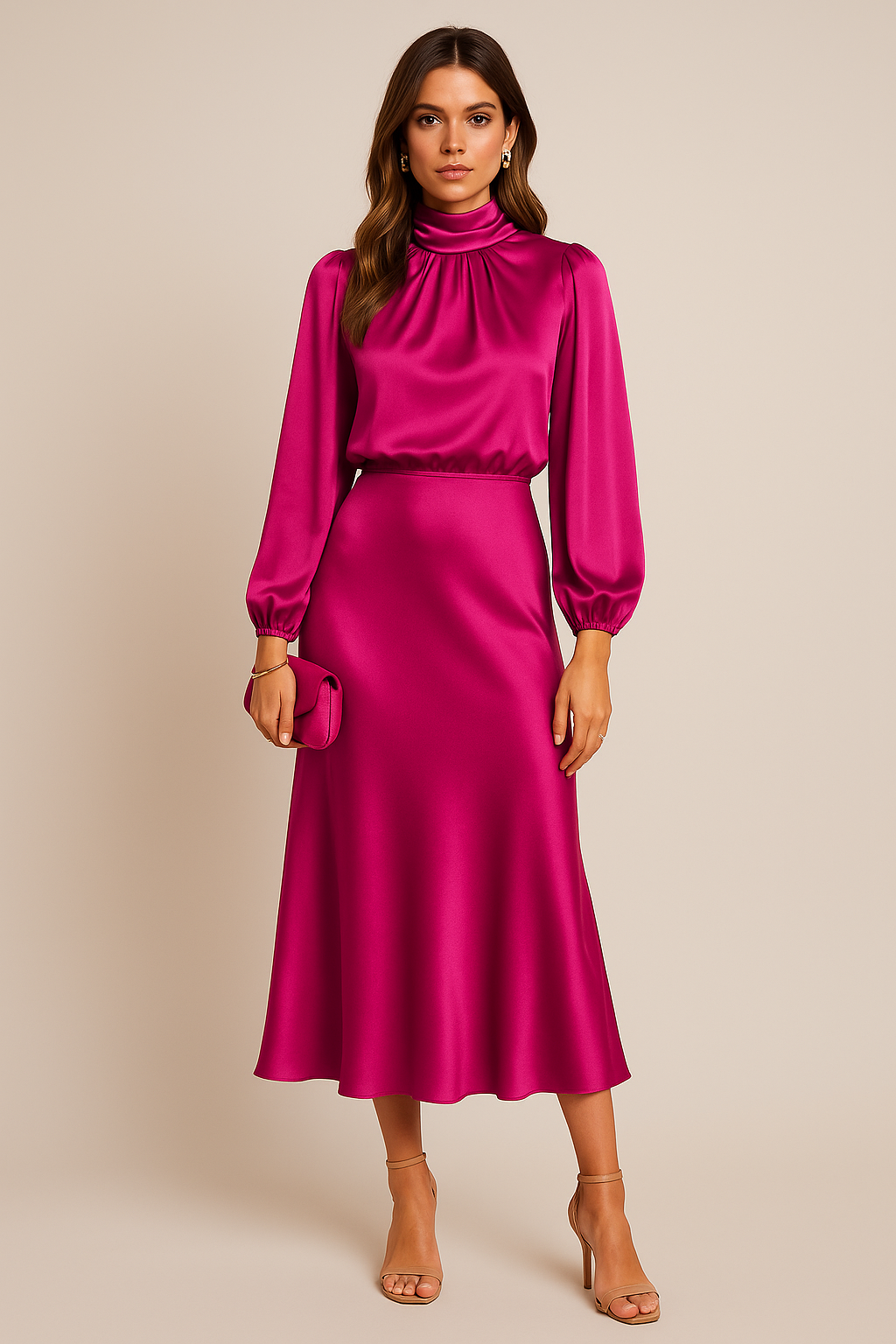 Barbara | Polished Satin High Neck Midi Christmas Dress