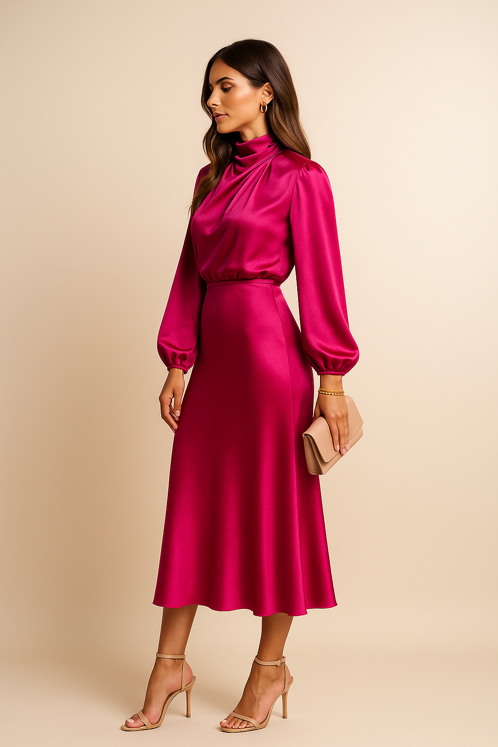 Barbara | Polished Satin High Neck Midi Christmas Dress