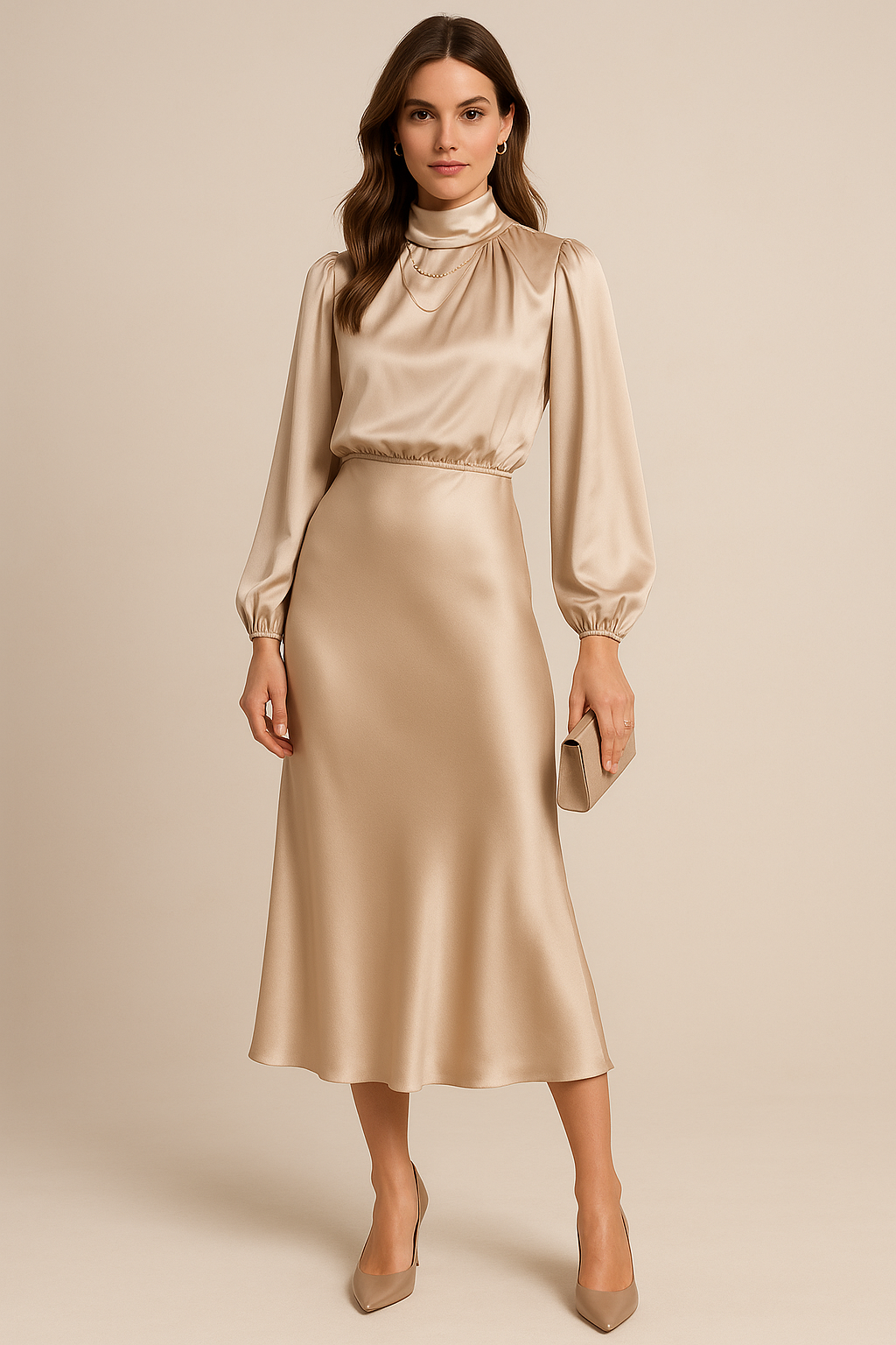 Barbara | Polished Satin High Neck Midi Christmas Dress