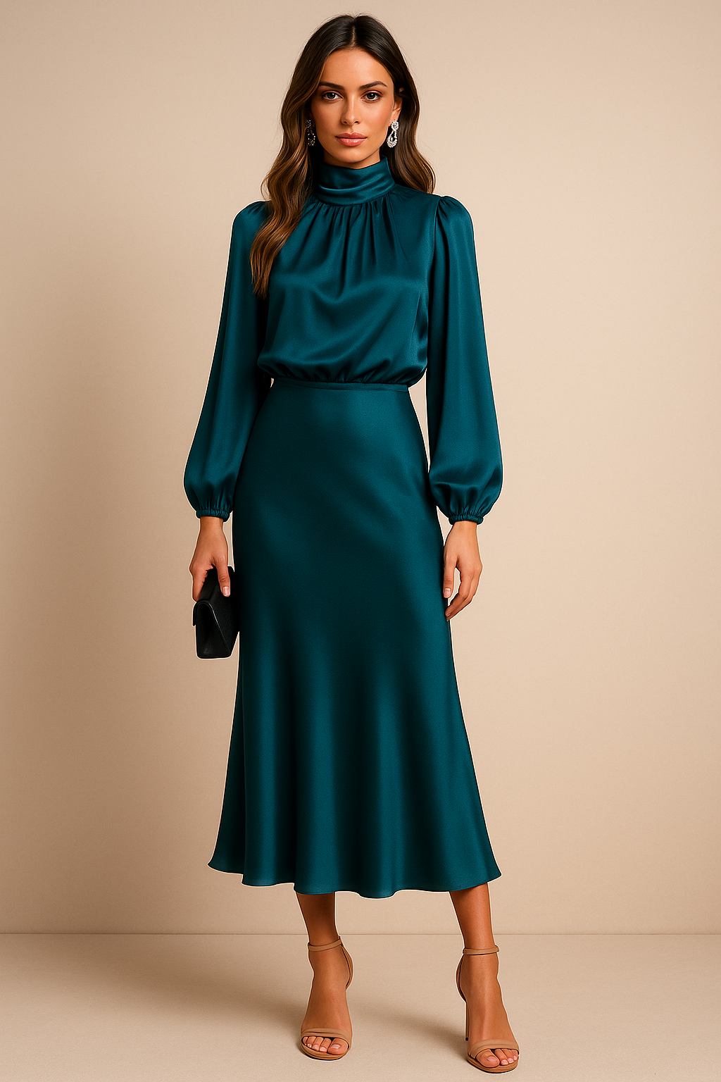 Barbara | Polished Satin High Neck Midi Christmas Dress