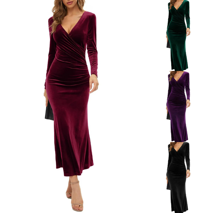 Barbara | Sophisticated Velvet Dress with Long Sleeves and Ruched Waist