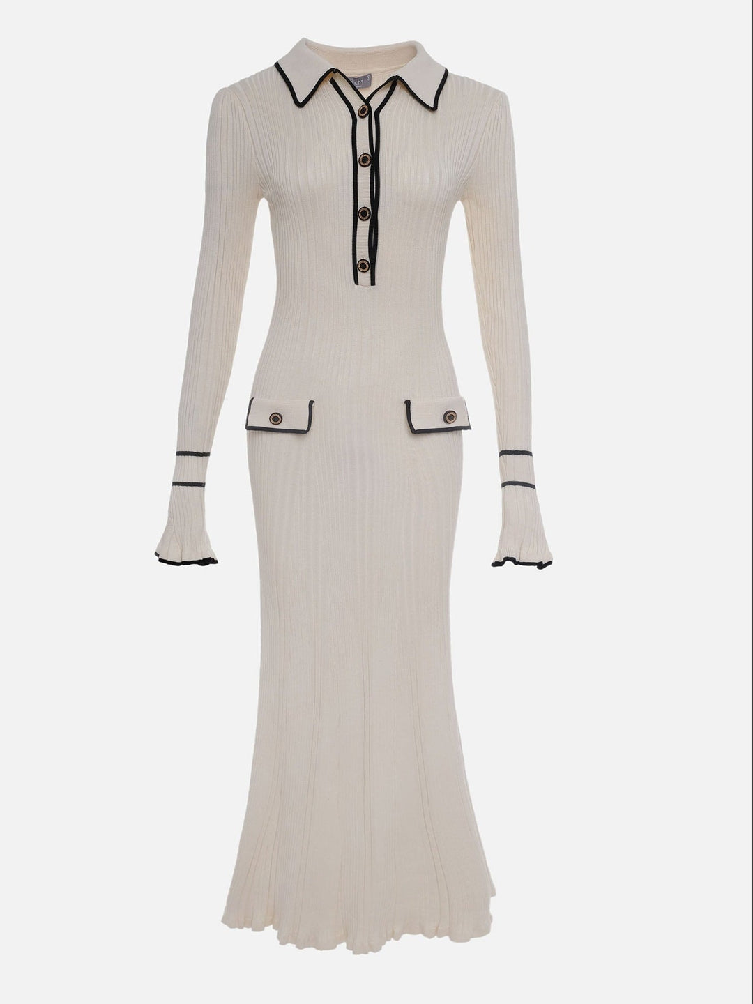Brenda | Chic Ribbed Knit Sweater Dress with Contrast Trim Collar