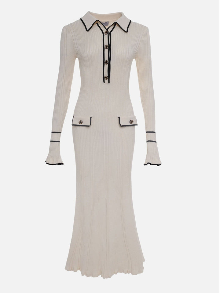 Brenda | Chic Ribbed Knit Sweater Dress with Contrast Trim Collar