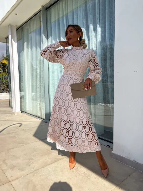 Brenda | Effortless Crochet Lace Long Sleeve Midi Dress
